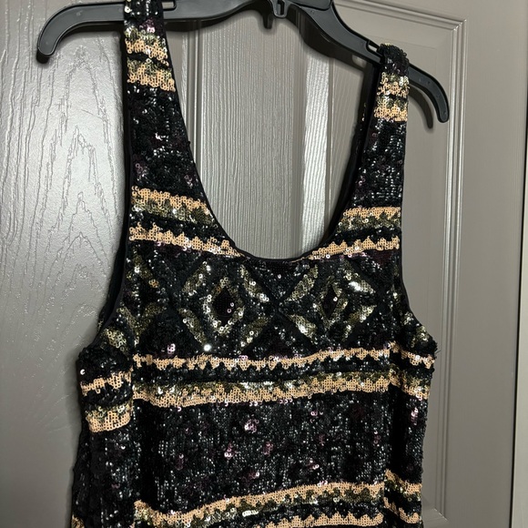 🥂 Free People Fully Sequined Mini Dress Aztec /Geo Design M Black Gold Silver - Picture 3 of 10